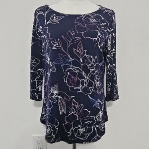 Apt. 9 Size M Navy Blue Pink White Floral Etching Pattern Design Round Neck Wome